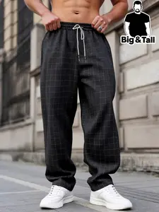Men's Plus Size High-Quality Plaid Checked Work Pants, Loose Fit Casual Trousers, Drawstring Waist Multi-Pocket Street Style Long Pants, Chic Comfy Pants, Classy Casual Trousers