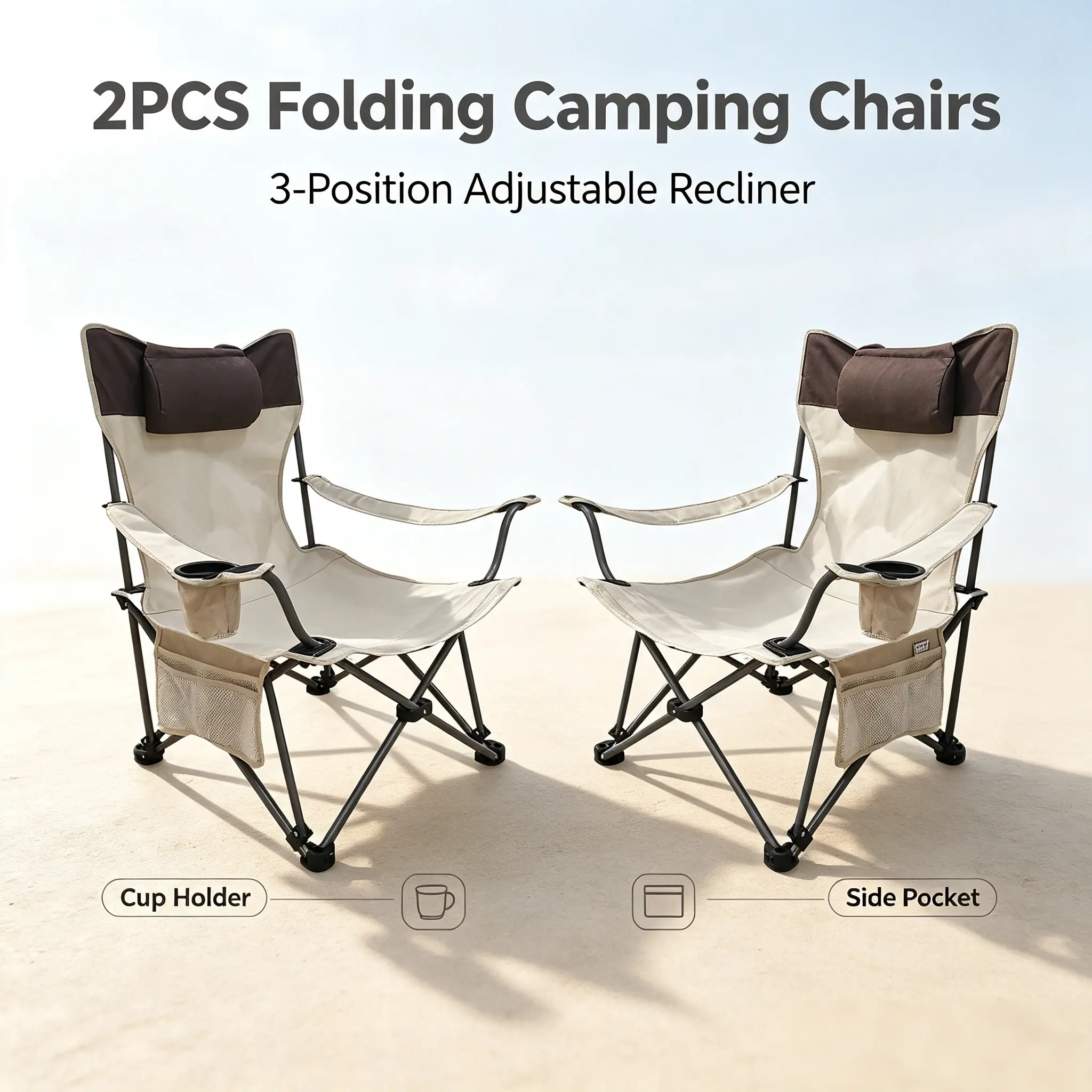 Unisex Heavy Duty 2-Pack Folding Outdoor Camping Chairs - Easy Fold, 3-Position Adjustable Reclining Lounge Chair with Side Pocket, Cup Holder, Portable Carry Bag for Outdoor Events, Recline