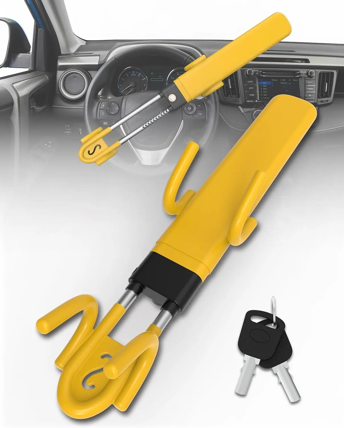 RETRUE Automotive Car Accessories Steering Wheel Lock - Extra Thick Heavy-Duty Carbon Steel Anti-Theft Adjustable Bar, Dual Hook Design, High-Visibility Yellow Rubber Coating, Easy to Use Quick Install, Secure Fit for 6-11 in Wheels on Most Vehicles