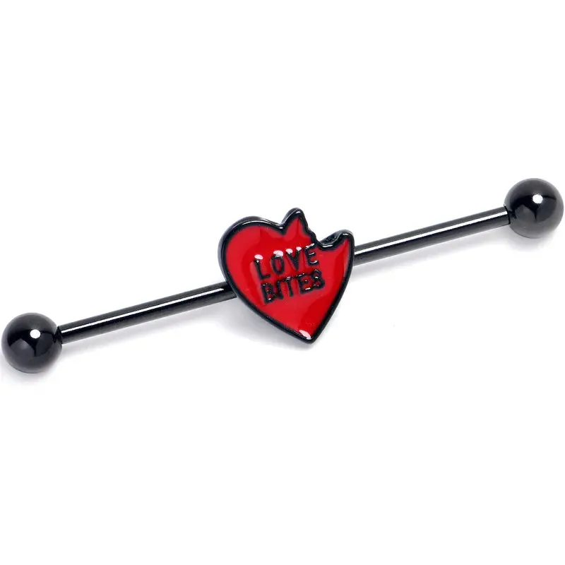14 GAUGE BLACK LOVE BITES HEART VALENTINE INDUSTRIAL BARBELL 38MM