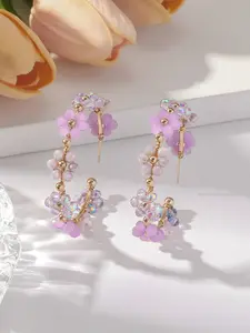 Handmade Multicolor Beaded Flower Hoop Earrings, Party Earrings, Pastel Purple & Pink Floral Statement Earrings for Women, Crystal & Acrylic Design, Lightweight Style, Perfect for Spring, Parties, Brunch & Daily Wear, Trendy Handcrafted Jewelry