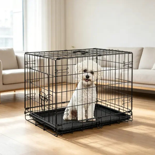 24" Foldable Metal-Plastic Single Door Dog Crate, Durable Puppy Kennel Enclosure with Secure Lock, Removable Tray for Easy Cleaning, Portable for Small-Medium Dogs, Training & Travel Use