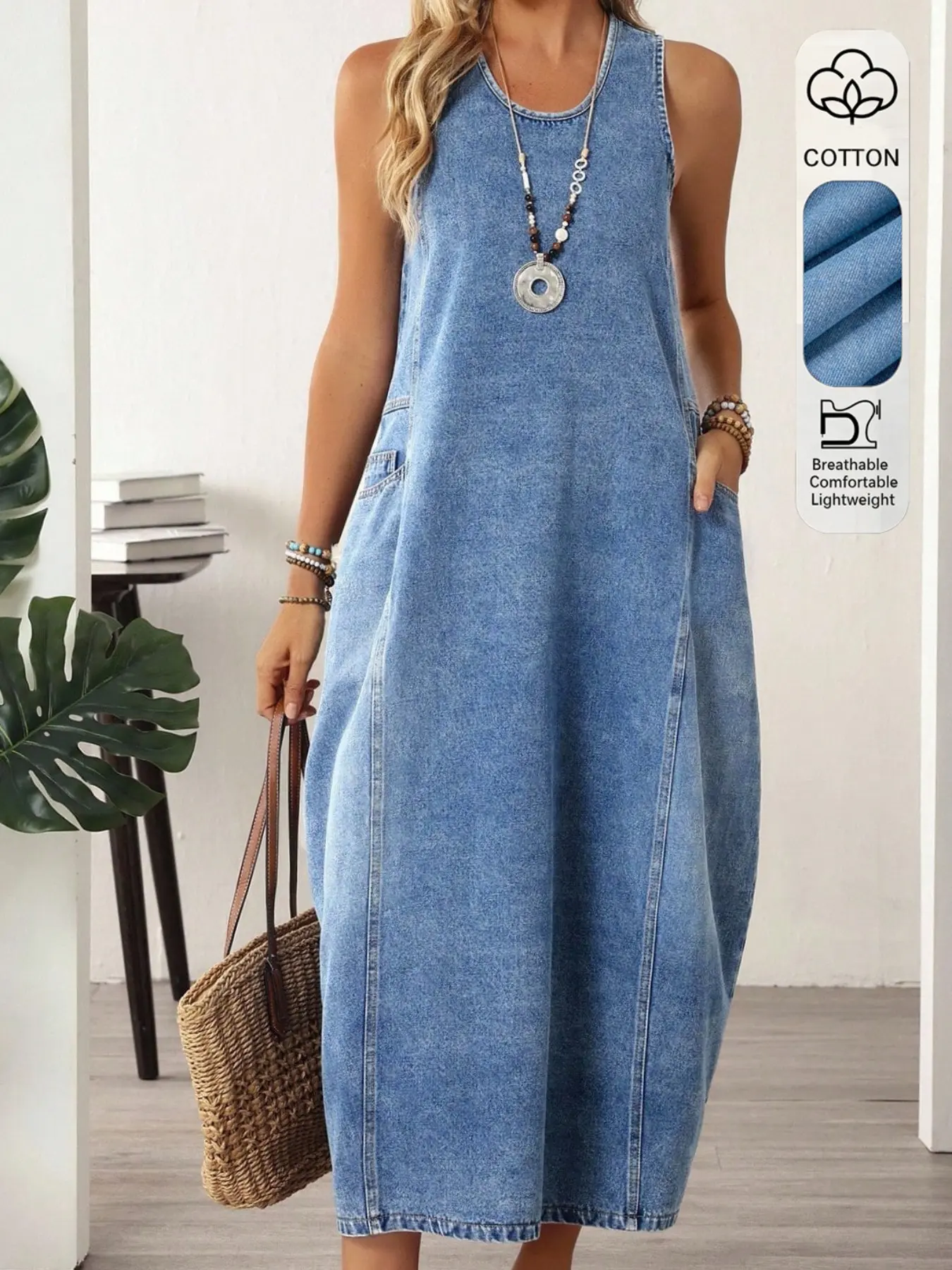 Women's Sleeveless Denim Maxi Dress with Large Pockets, Loose Fit Casual Dress for Spring and Summer