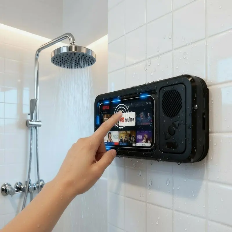 360° Waterproof Smartphone Holder with Bluetooth Speaker & Full Touch Screen Stand, Mobile/Cellphone/Devices Accessories for Kitchen, Bathroom Use, Hands-Free Music & Calls, Lightning