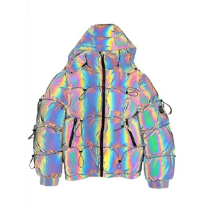 Holographic Parachute Puffer Jacket for Women - Long Sleeve, Fitted, Hooded, Reflective Cords, Casual Y2K Style Outerwear