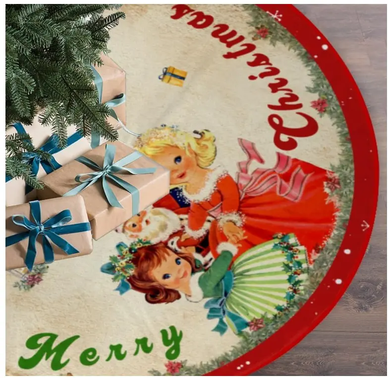 Vintage Christmas Tree Skirt Christmas Decorations - Red Vintage Style Xmas Tree Skirt Mat with Santa Claus Girls Snowflake Pattern for Indoor Outdoor Merry Christmas Holiday Party Decor 48 Inches