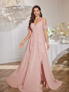 Elegant Women's V Neck Chiffon Bridesmaid Dress, Sleeveless Ruched Waist Split Hem Gown, Formal Party Wear, Plus Size Available