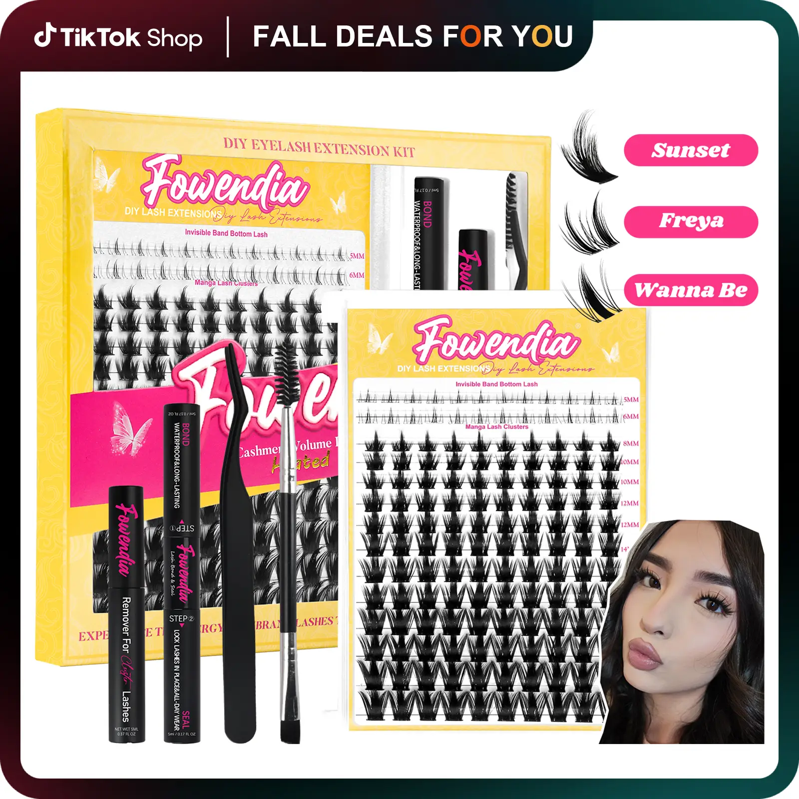 Fowendia California Sunset Wanna Be Freya Manga Lashes Cluster C D Curl DIY Lash Extension Kit and Lash Clusters 8-18mm with Bond Seal and Remover - U