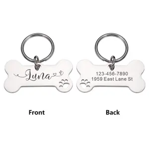 Personalized Pet Cat Dog Tags Shiny Steel Bone-shaped with Paw Prints Free Engraving Customizable Nameplate for Pet's Name Phone Number Address