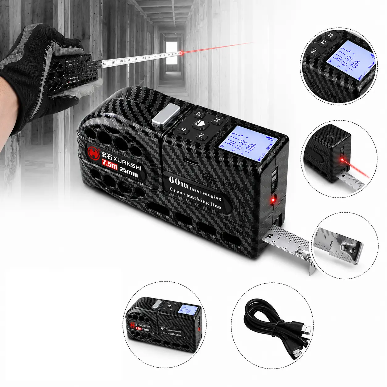 [Flash sale]Multi-functional 3-in-1 high-precision laser distancemeter, 7.5meter tape measure, 60meter laser measuring,stainless steel printed ruler, HD digital display, automaticstorage, precise measurement, hollow stainless steel tape.