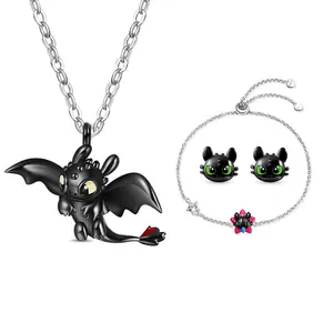 GNOCE HTTYD Collab S925 Jewelry Set How To Train Your Dragon Toothless Pendant Necklaces for Women Earring Studs and Bracelet Gift for Girl Friend Mom Wife Her Christmas Gift Idea, with Gift Box