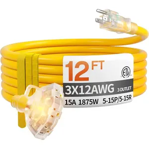 12 ft 12 Gauge Heavy Duty 3 Outlet Extension Cord Splitter with ,  Outdoor Extension Cord with Multiple Outlets, 15A 1875W for Garden, ETL Listed, Flexible Yellow SJTW