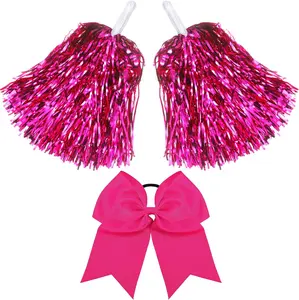 3 Pcs Plastic Cheerleading Pom Poms and Large Cheerleader Hair Bow Cheer Supplies for Dance Squad Sport Rooters Accessories