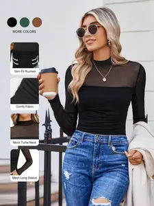 Spring Mesh Top Women's Lady Mesh Sheer Long Sleeve Top, Mock Turtle Neck See Though Shirts Design, Slim Fit & Plain Pattern, Casual Comfy Fit, Seamless Tops for Casual Wear & Evening Wear & Trendy Outfits, spring break outfits, Womenswear