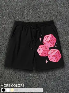 Men's Hip Hop Vintage Sweat Shorts, Pink Lucky Dice Pattern & Comfortable Loose Fit for Street Fashion and Music Festivals