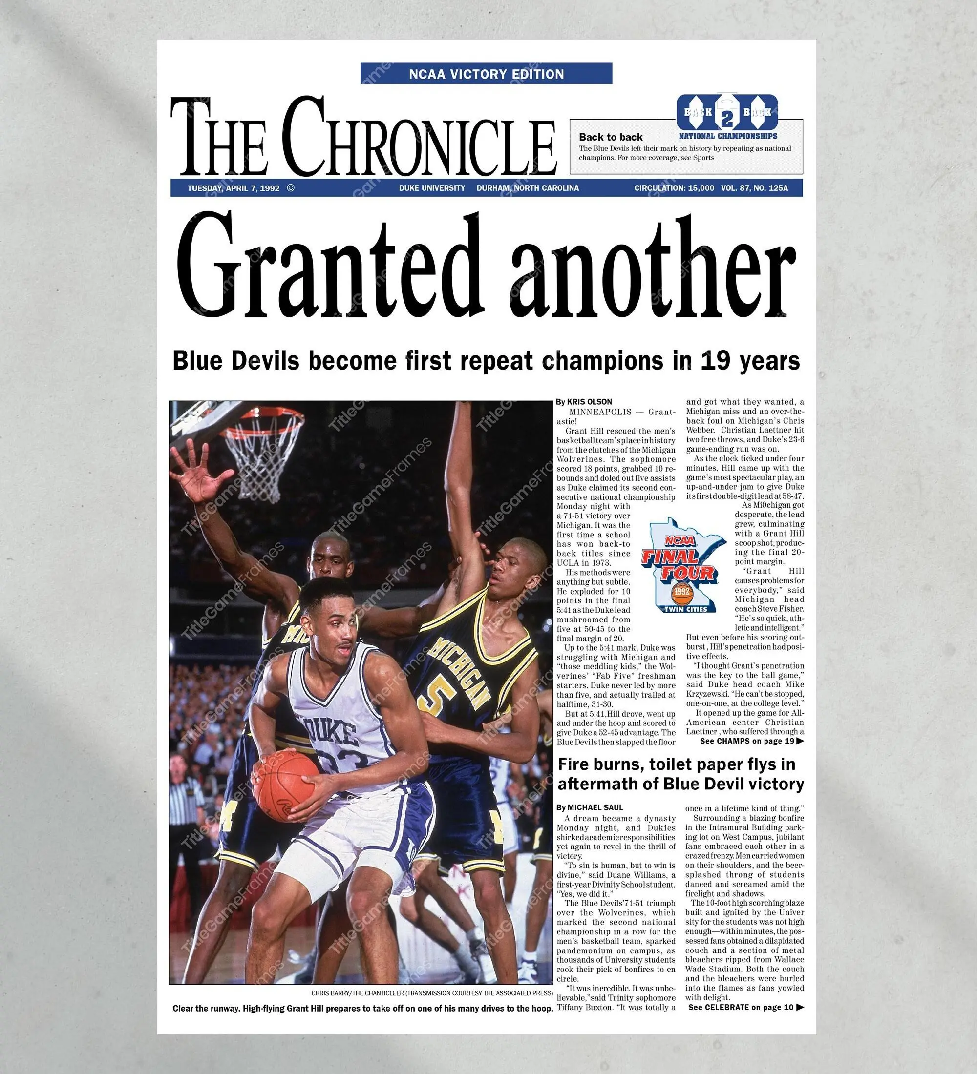 1992 Duke Blue Devils NCAA College Basketball National Champions Unframed Poster Print