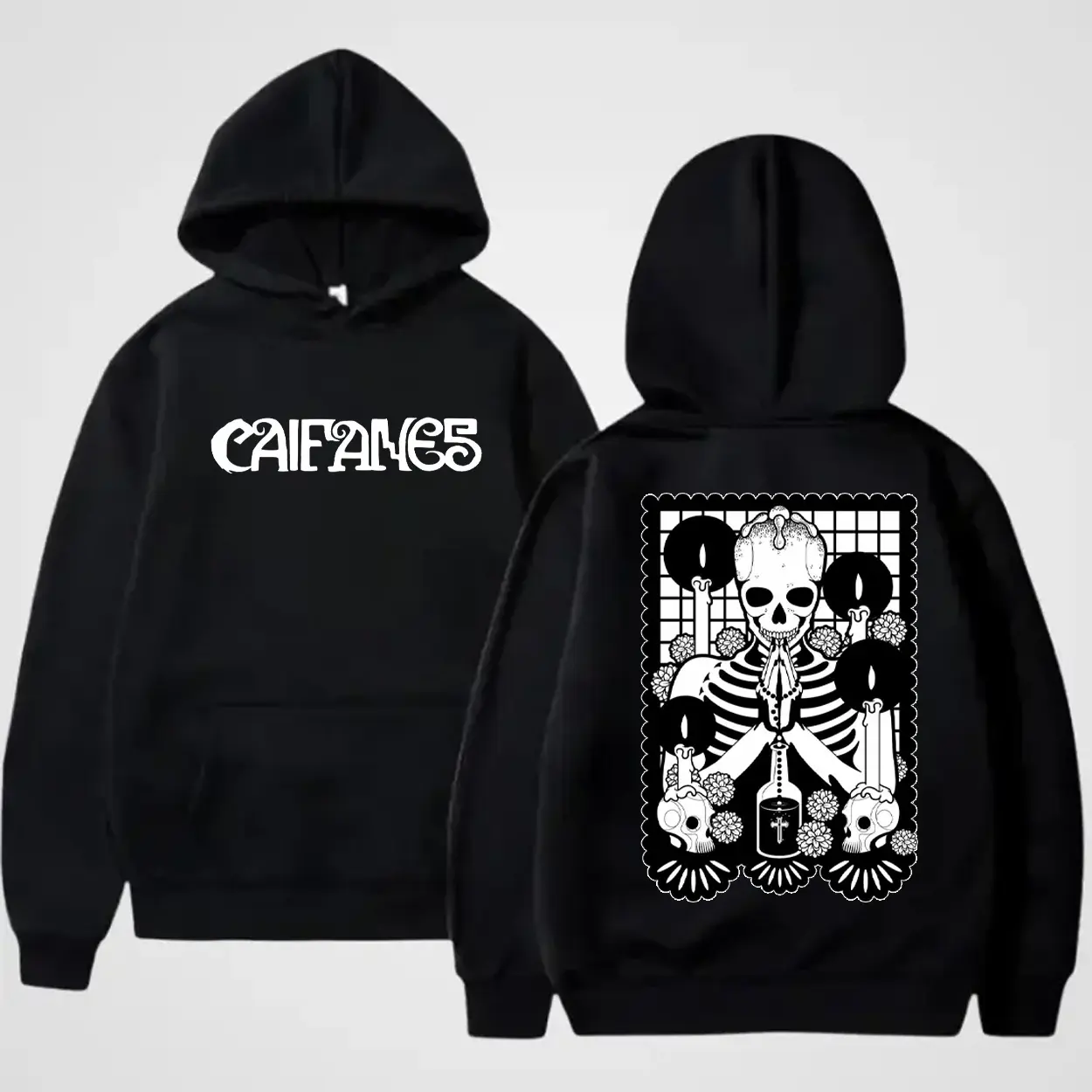 Caifanes Skeleton Prayer Mexican Gothic Day Of The Dead Graphic Hoodie 2 Sided Fleece Fabric Casual Hooded Sweatshirt Trendy Tops Perfect Gift