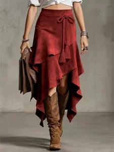 Vintage Asymmetrical Midi Skirt with Fringe Details, High Waist Bohemian Style Women's Dress, Fashionable and Unique Design