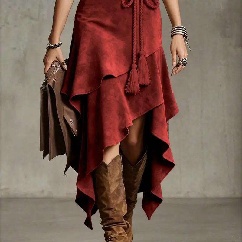 Vintage Asymmetrical Midi Skirt with Fringe Details, High Waist Bohemian Style Women's Dress, Fashionable and Unique Design, Boho Western Skirt