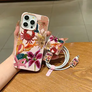 Beaded Heart Floral Phone Case Set, Includes Charger Cover & Cable Protector, Anti-Drop Tpu Shell for iPhone Models, Perfect Gift