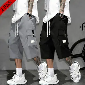 2-pack cargo shorts, solid-color men’s cargo shorts, men’s mid-thigh cargo shorts, elastic waistband with drawstring, 3D cargo pockets and multiple pockets, summer casual style, knee-length, versatile design, perfect for everyday wear and outdoor activiti