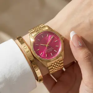 Luxury Gold Watch for Women, Vintage Jewelry Wristwear with Magenta Sunray Dial, Premium 5-Link Stainless Steel Strap, Butterfly Clasp, Elegant Statement Piece, Perfect Birthday Gift for Her.