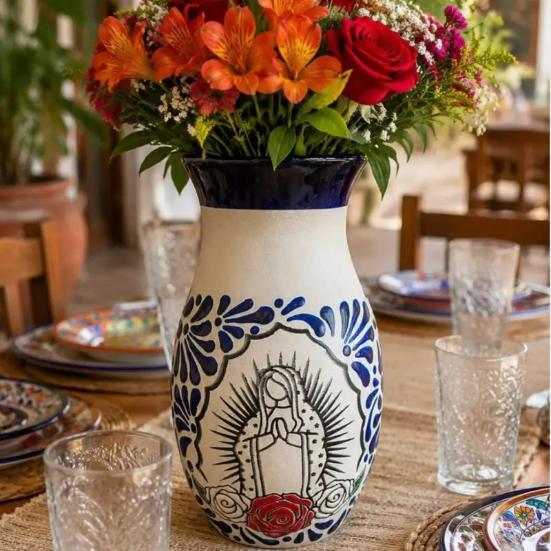 Handcrafted Our Lady of Guadalupe Talavera Ceramic Flower Vase | Blue & White