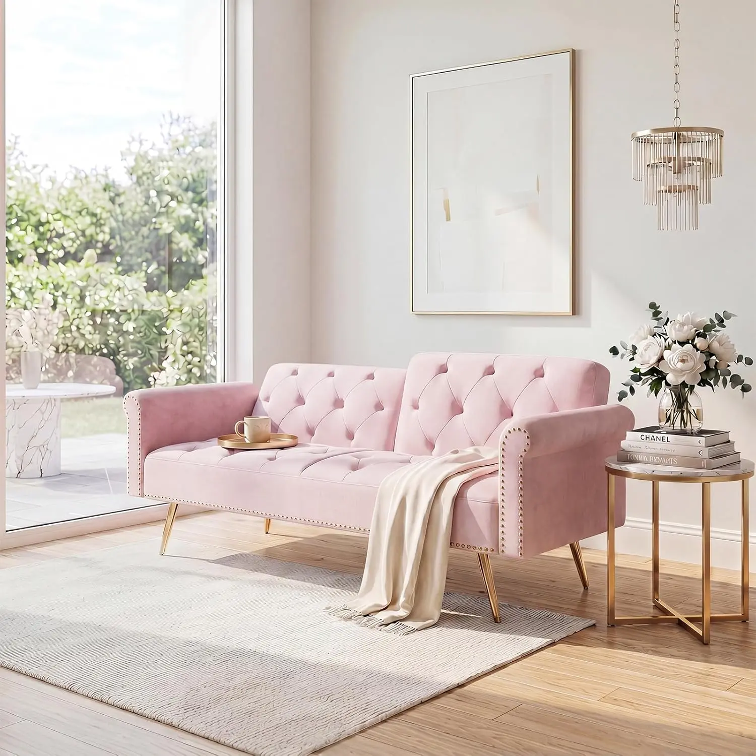 69.7" Modern Velvet 2-Seat Futon Sofa Bed - Convertible Foldable Sleeper Couch with Adjustable Backrest, Nailhead Trim, 2 Pillows for Living Room, Apartments (Pink)
