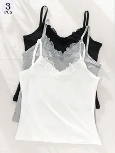 Elegant Lace Halter Top Pure Color Inner Layer Outer Wear Plain Casual Slim Fit Shirt Set of Three Pieces