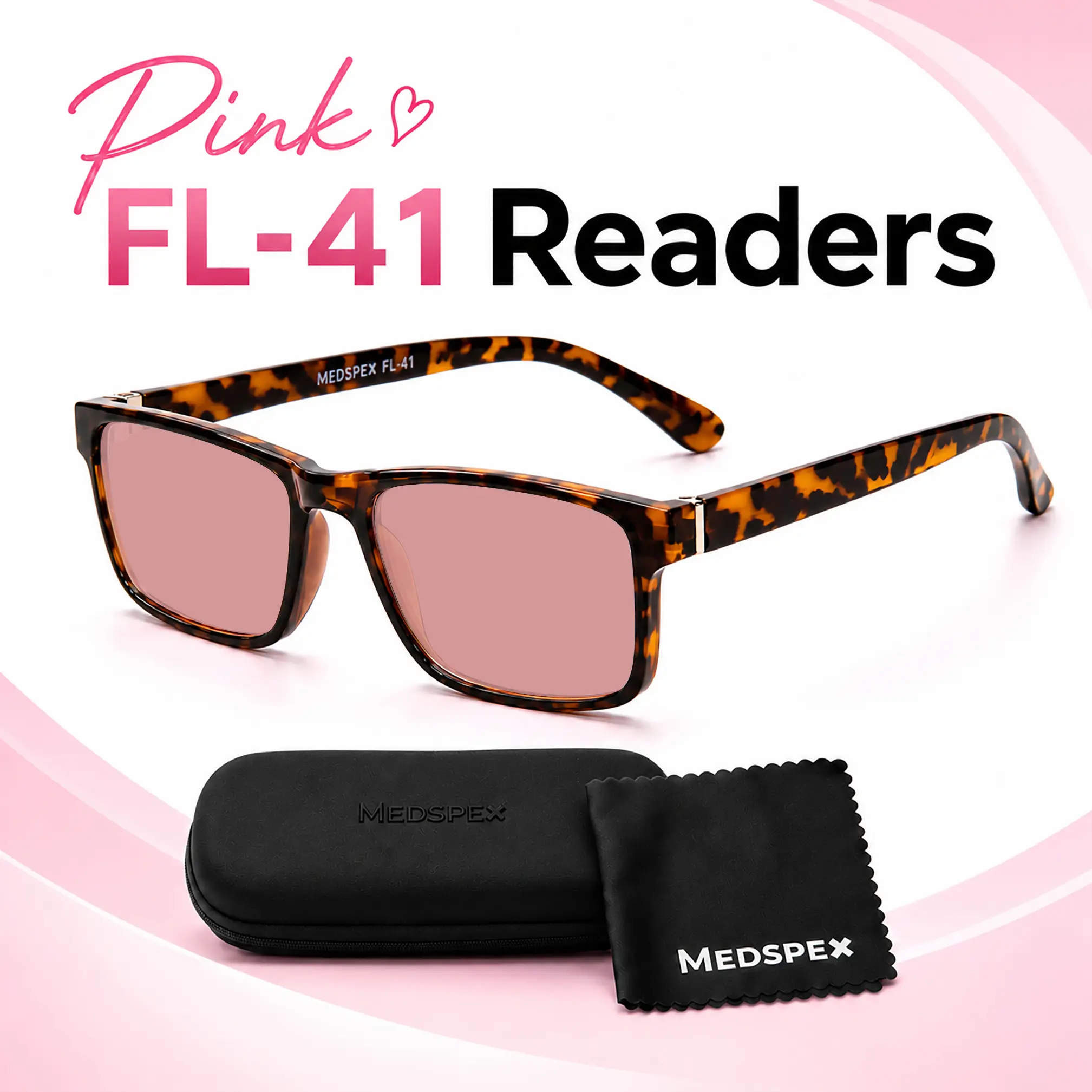 Medspex L2007 C2 Tortoise Full Rim Unisex FL-41 Light-Filtering Pink Tint Reading Glasses for Working on Computers, Tinted Daily Use, No, Indoor + Outdoor Use, Tortoiseshell, Computer Work