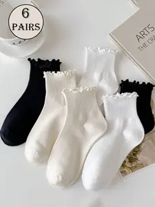 6 Pairs Random Color Solid Color Ruffle Edge Crew Socks, Casual Student Socks for Women, Black White & Cream Slouch Socks, Breathable Gentle Style Socks for Spring and Autumn