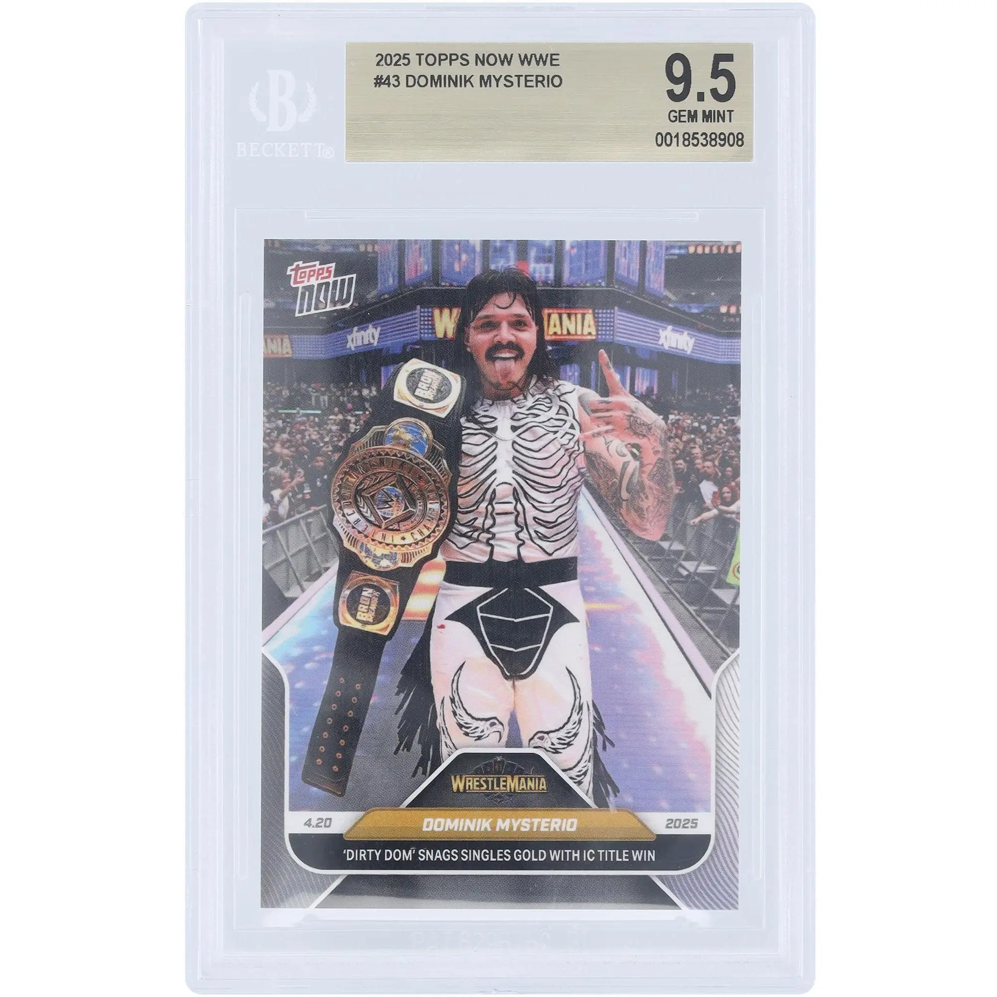 Dominik Mysterio WWE 2025 Topps Now Dirty Dom' Snags Singles Gold With IC Title Win #43 BGS Authenticated 9.5 Card