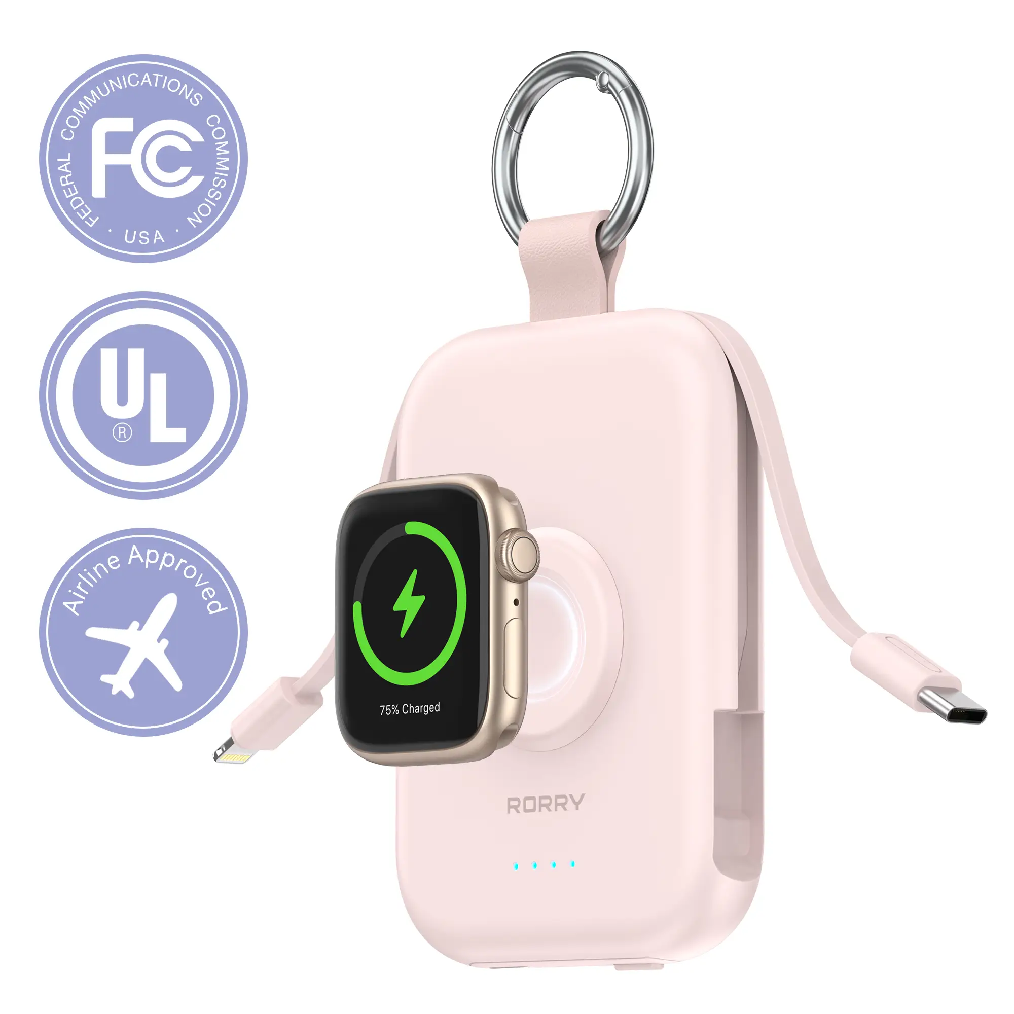 RORRY 5000mAh Portable Charger with Built-in Cables Keychain Power Bank for Apple Watch Series iPhone 16-12 Travel Battery Pack Lightweight USB Type-C