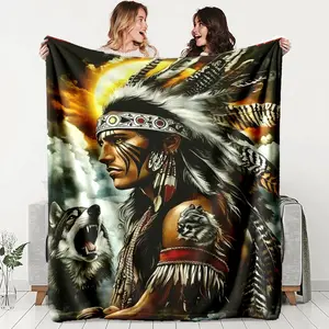 Native American Wolf Totem Flannel Throw Blanket, Soft Warm Anti-Pilling, Ideal for Naps Camping Travel, All Seasons Gift