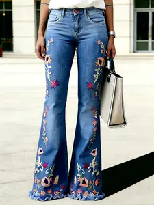 New Women'S Jeans for Everyday Use in 2026, Featuring Casual, Breathable Material, Retro Dark Blue Embroidered Flared Design, And Extended Floor-Length Style