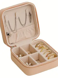 Portable Faux Leather Jewelry Storage Box, Travel Ring Earring Necklace Organizer, Zipper Closure, Soft Suede Lining, Mini Jewellery Case