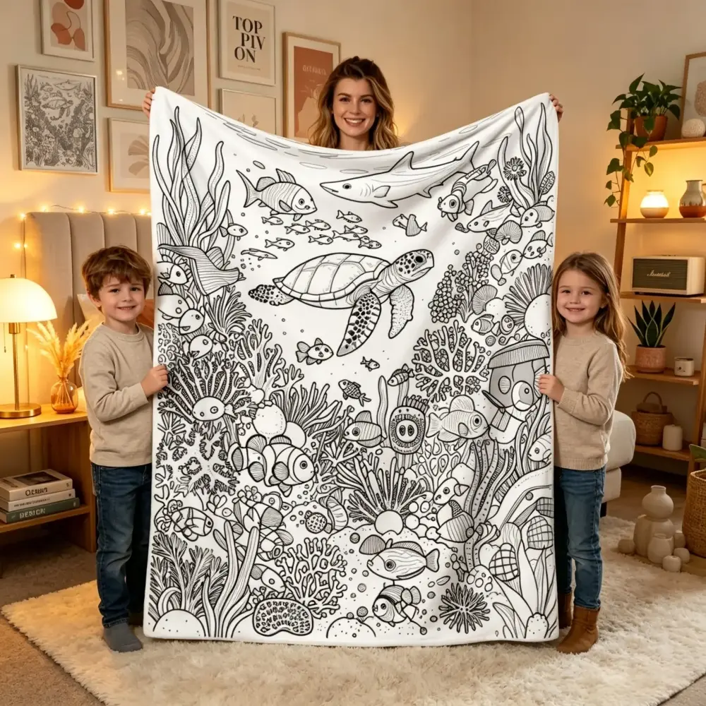 Unisex Ocean Underwater Life Sea Animal Blanket - Adults' DIY Colorable Line Art Flannel Throw, Ultra Soft Cozy Warm Plush Fabric, Perfect for Home Decor, Ideal Holiday & Birthday Gift