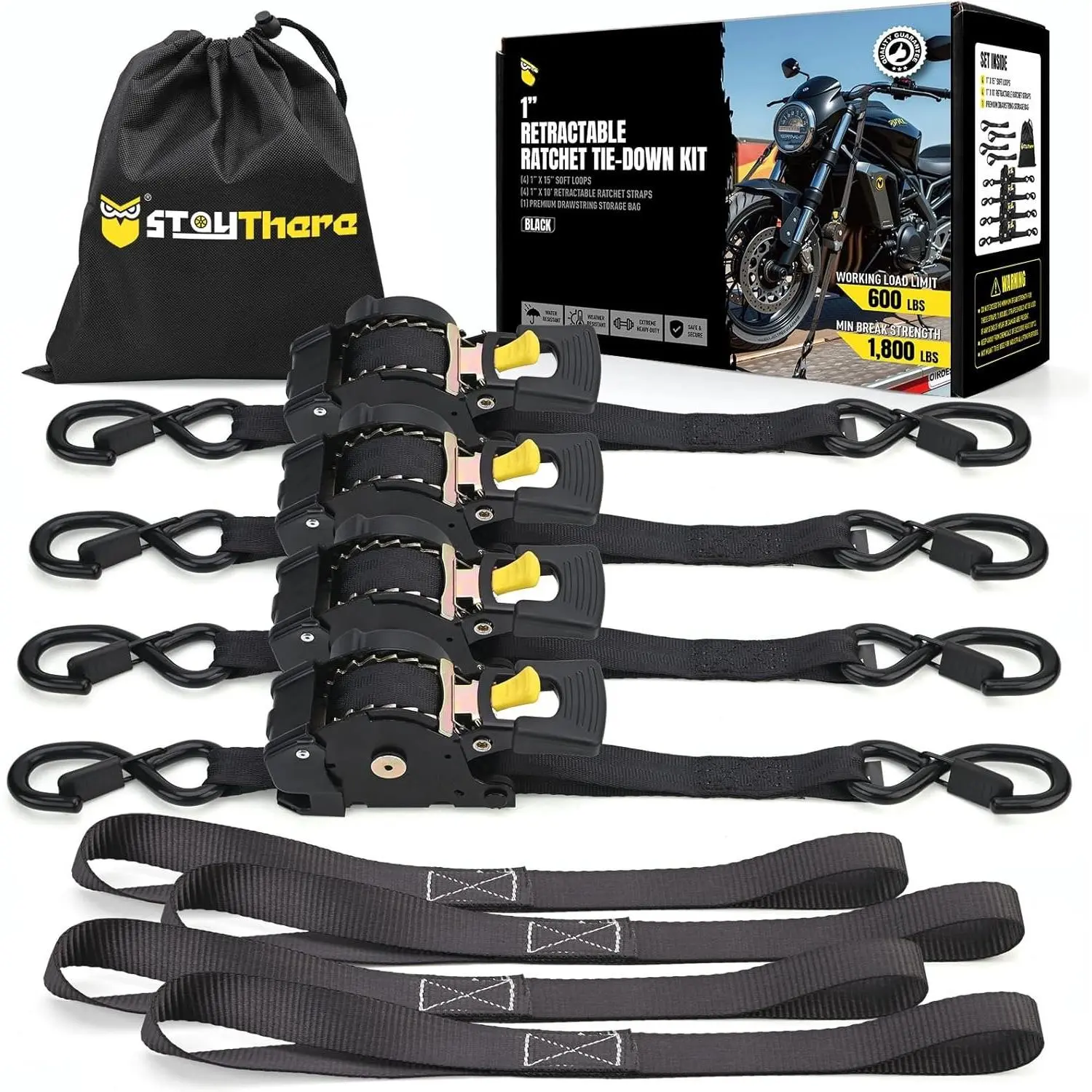 Retractable Ratchet Straps (4-Pack) - 1 Inch x 10  (1800lb Break Strength) - Heavy Duty Auto Self Retracting Tie Down Straps for , Cargo Trailer,  &  - Black