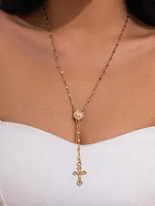 Virgin Mary Y-Necklace for Women - Elegant Embossed Religious Pendant, Vintage Cross Sweater Chain, Daily Wear Jewelry