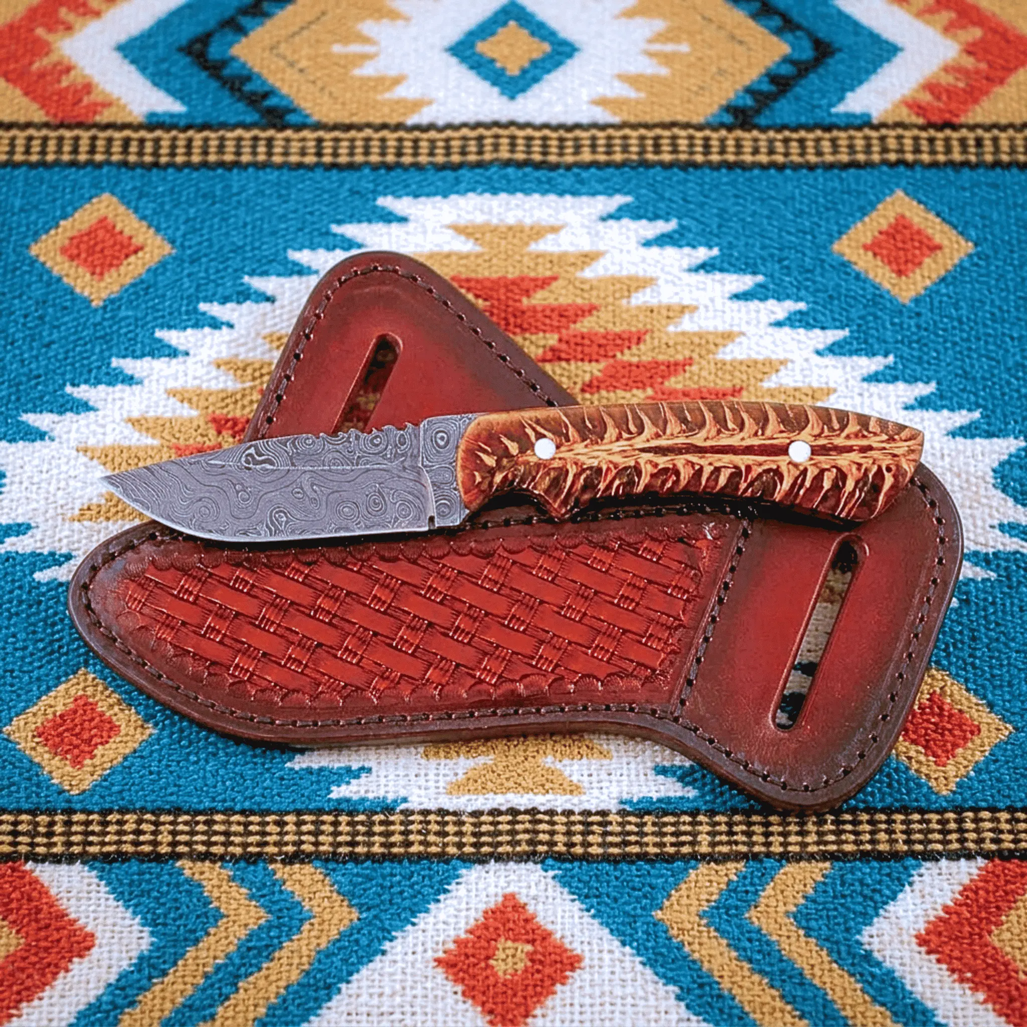 Red Mesa Pine Cone Cowboy Knife | Handmade Damascus Fixed Blade with Leather Sheath