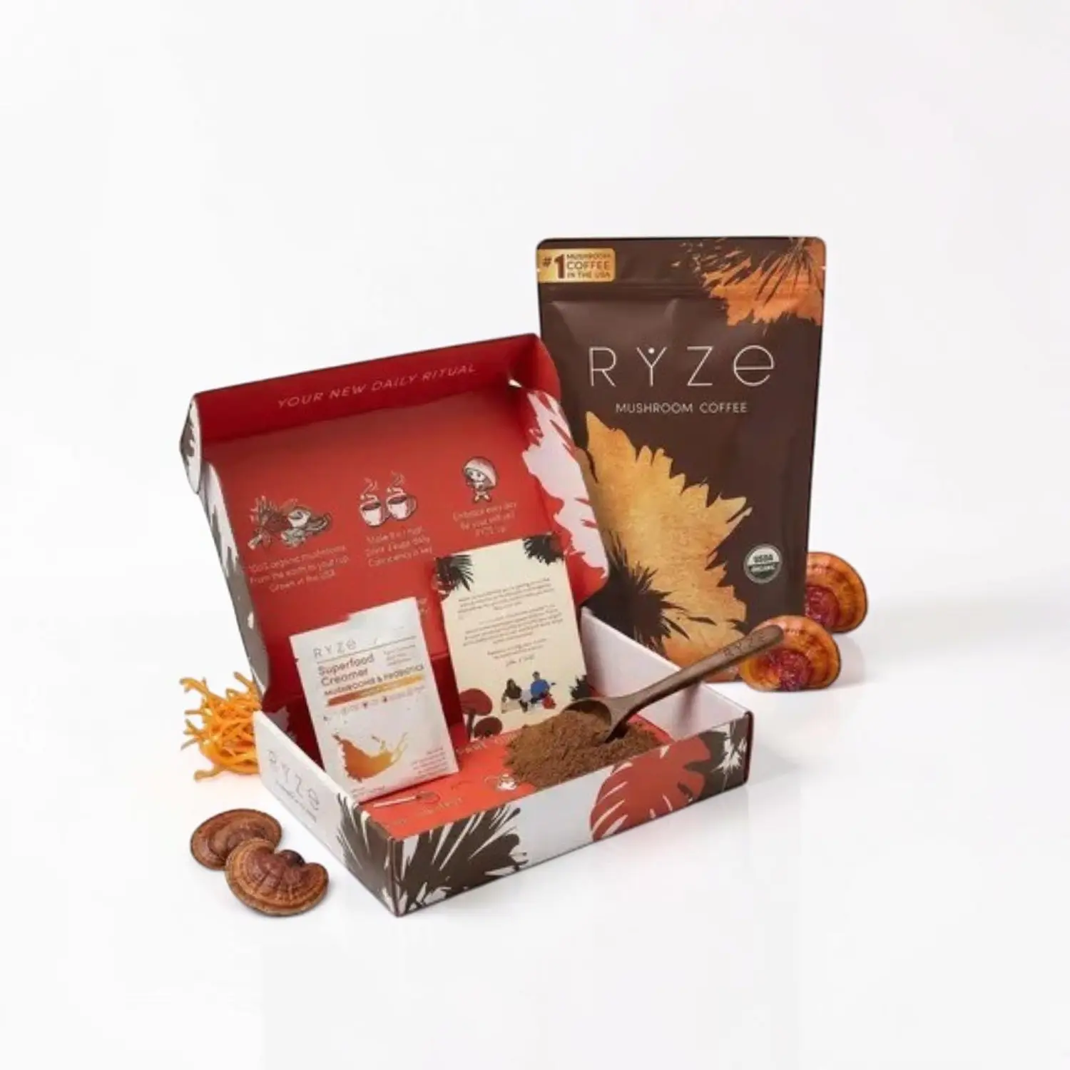RYZE Mushroom Coffee Starter Kit | Organic Mushroom Coffee Blend with Wooden Spoon & Whisk | 30 Servings | 6 oz