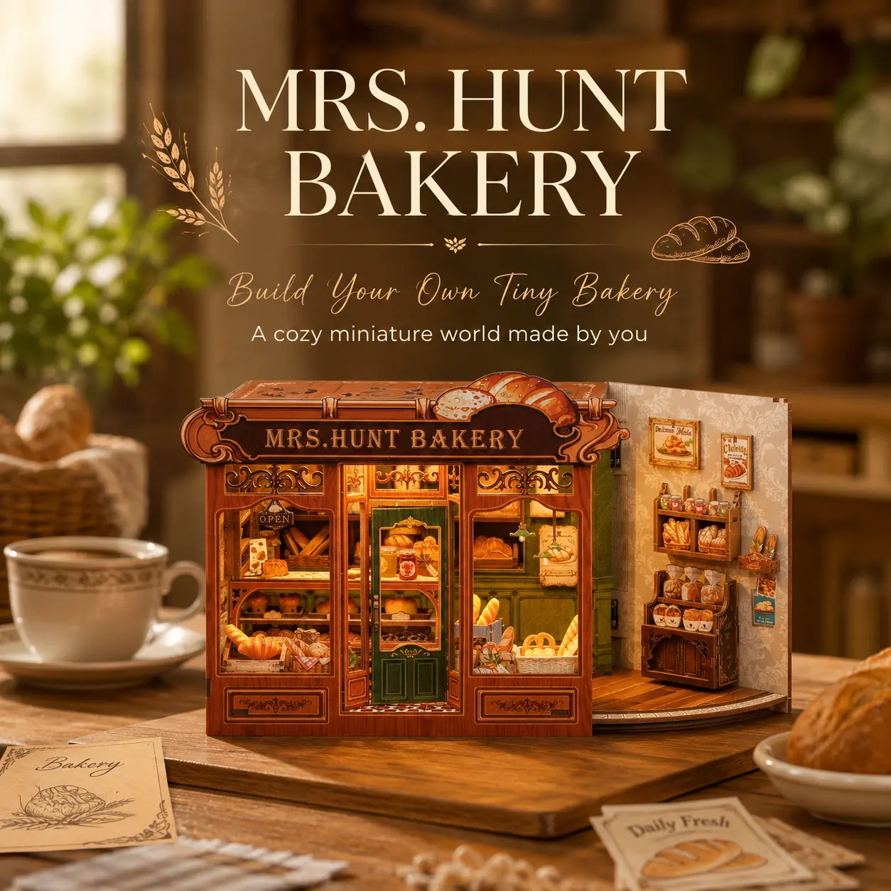 CUTEBEE MRS. HUNT Bakery Unisex DIY Wooden Miniature Dollhouse Kit - Manual 3D Miniature Set, Bread Furniture, Dust Cover, Holiday-Ready Craft Gift for Teens 13+ & Adults, Home Decor for DIY Fun
