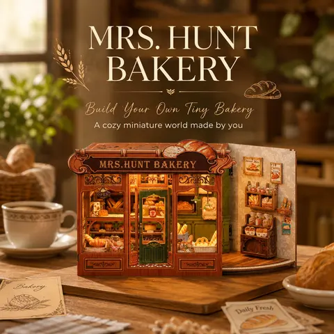 CUTEBEE Mrs. Hunt Bakery Unisex DIY Wooden Miniature Dollhouse Kit - Teens' 3D Manual Miniature Set, Bread Furniture, Dust Cover, 13+ Creative Craft Gift, Dollhouse Aesthetic Home Decor