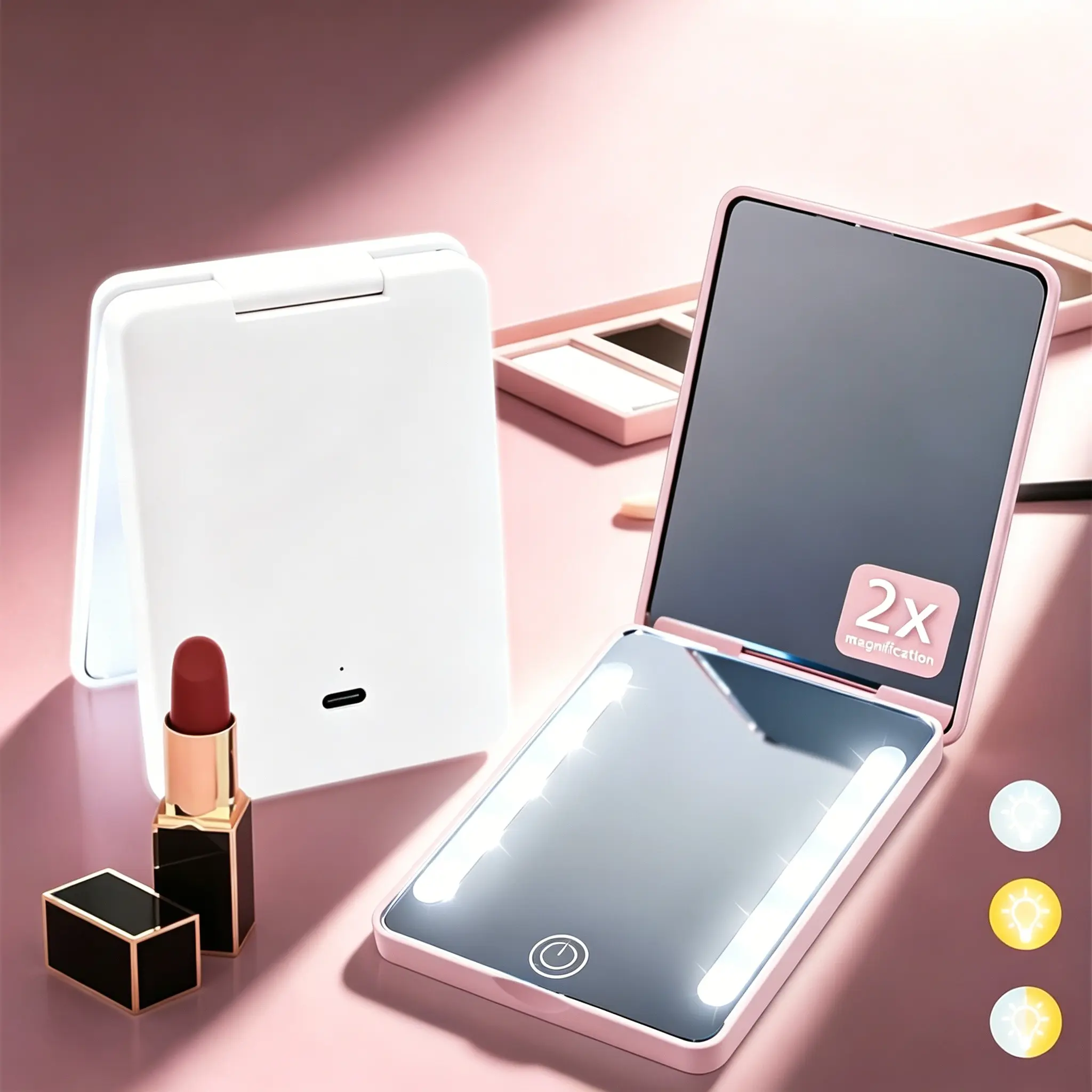 Folding LED Travel Mirror, Rechargeable Vanity Mirror with 3500k Warm Light, USB-C Powered Pocket Makeup Mirror for Women, Ideal for Travel & Grooming