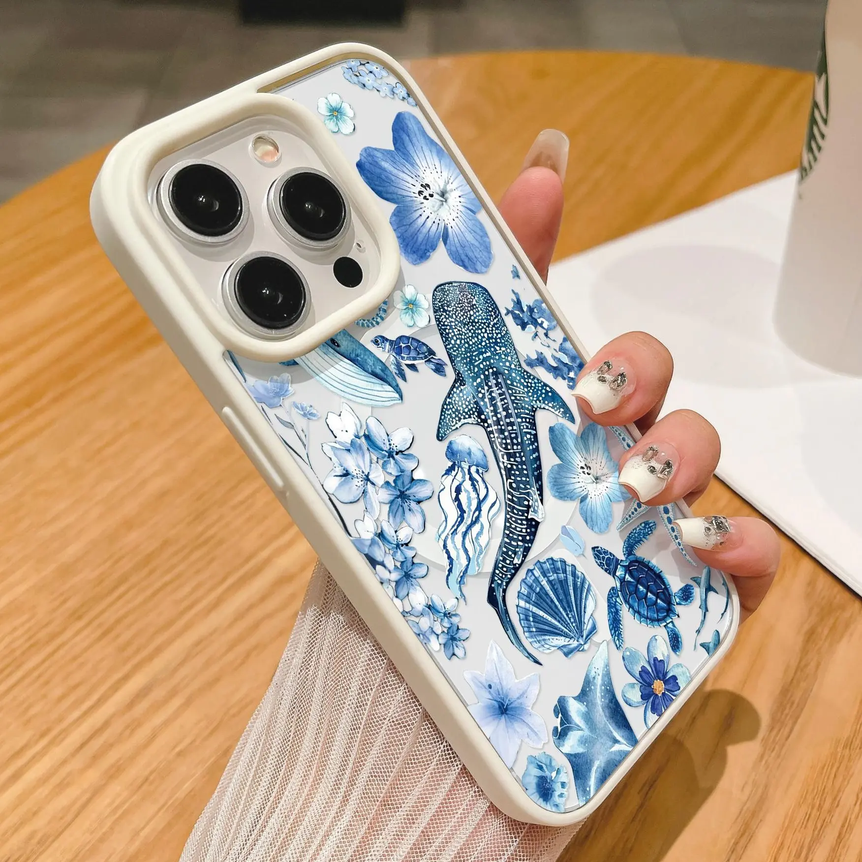 Dreamy Blue Whale Phone Case for iPhone 11-17 Pro Max Shockproof Anti-drop Magsafe Protective Dustproof Magnetic for Girls Wireless Charging 360° Screen & Camera Protection ZT