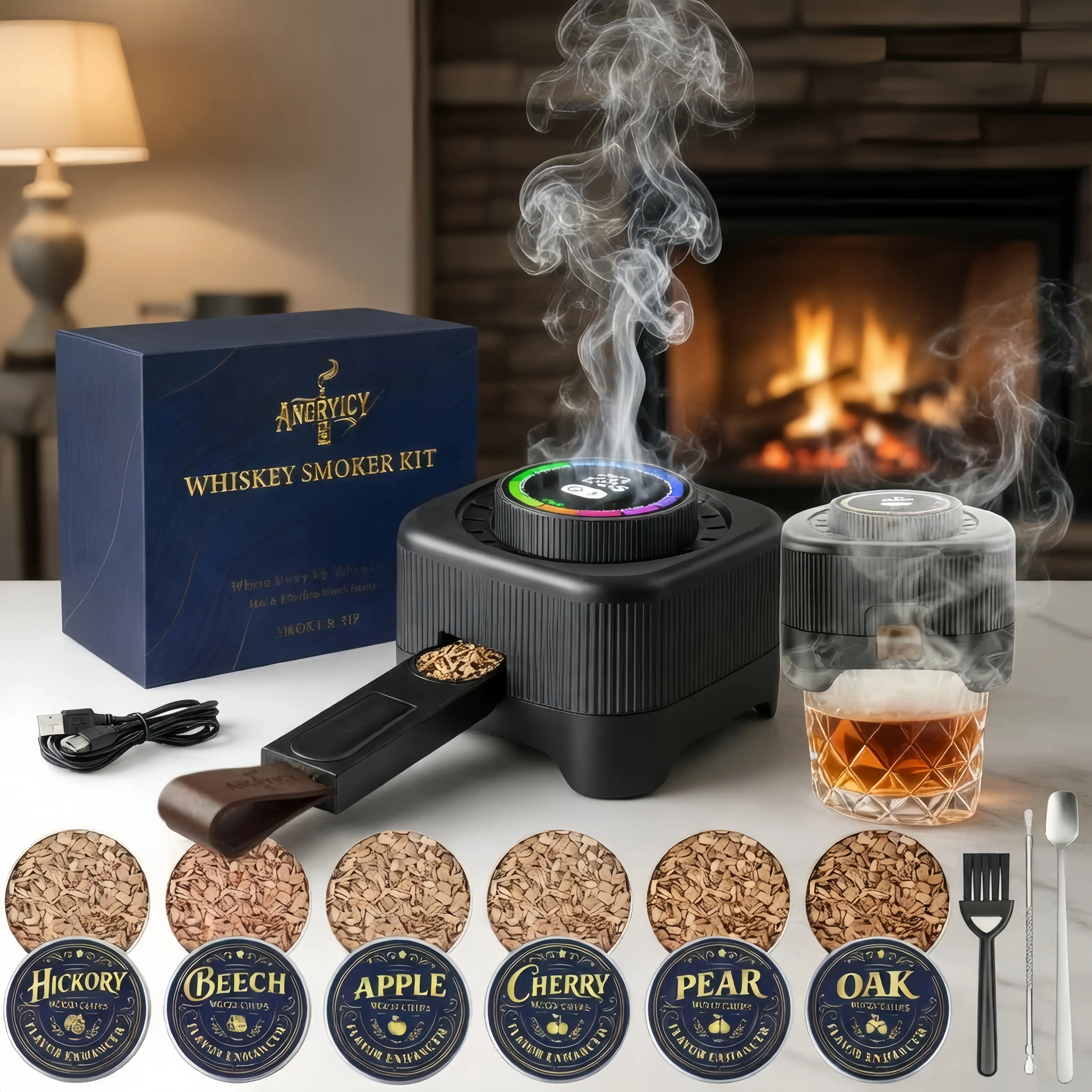 rechargeable cocktail smoker kit Utensils  Electric Whiskey Smoker Kit Built-in Lighter, No Butane Needed, Rechargeable Cocktail Smoker