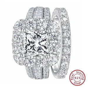 2Pcs 925 Silver Wedding Rings Set for Women Halo Princess Cut White Cubic Zircon Vintage Luxury Jewelry Engagement Ring BR1608 #Love Story