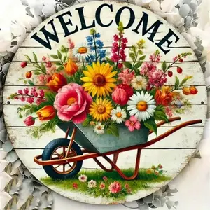 1 Piece Antique Garden Unicycle Welcome Sign - Flat Printed Metal Circular Metal Sign, Outdoor Courtyard Decoration, Retro Wall Art For Garages, Cafes, Bars, Living Rooms - Garden Flower Metal Sign Room Decor Bedroom Decor Hom