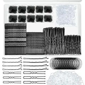 510PCS Black Bobby Pins Hair Pins Kit with Hair Net, Includes 100 Bobby Pins for Women, 100 U-Shaped Buns Hair Clips, 300 Hair Bands and 10 Black Hair Nets, Dance competition must haves