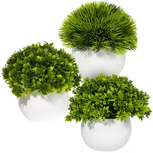 Artificial Potted Plants Mini Faux Greenery in Small White Pots for Home Decor Indoor Office Table Decoration, Decorative Plastic Plants, 3-Pack